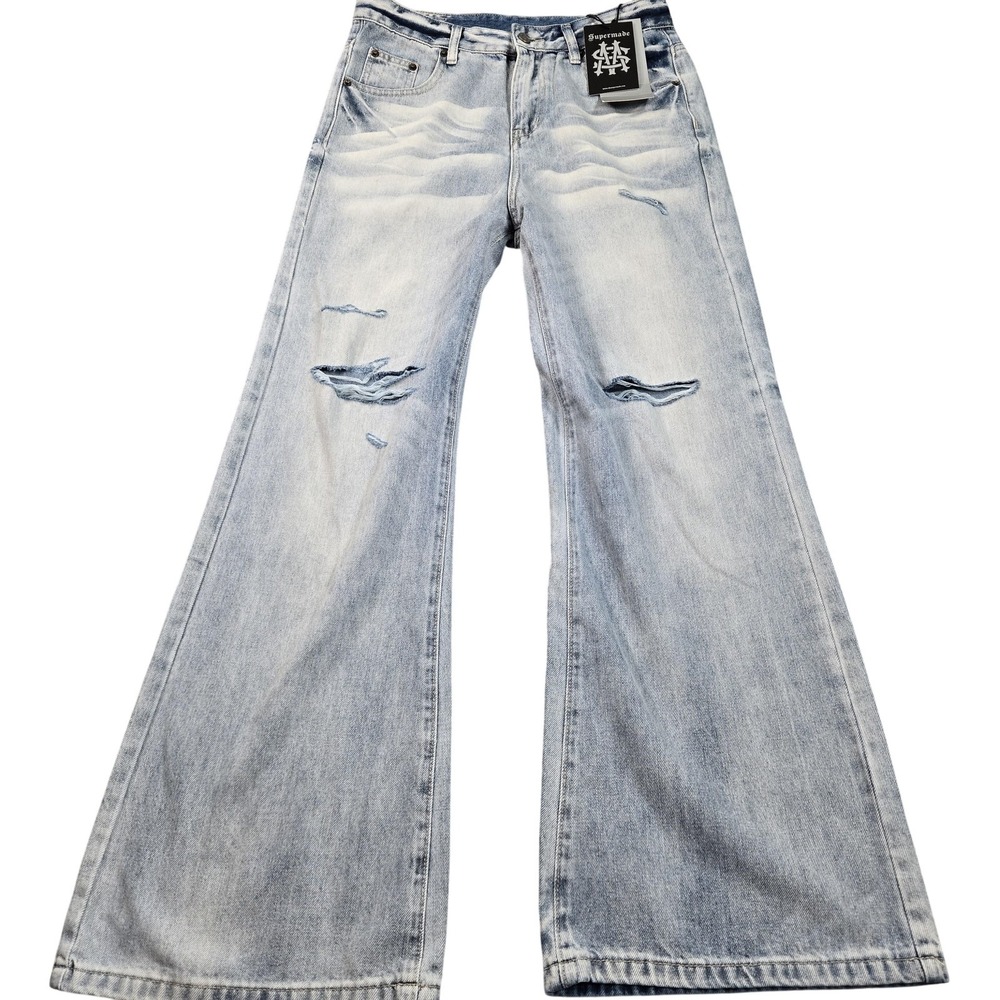 Supermade Jeans Mens 30x30 (tag L) Light Wash Blue Wide Leg Distressed Denim